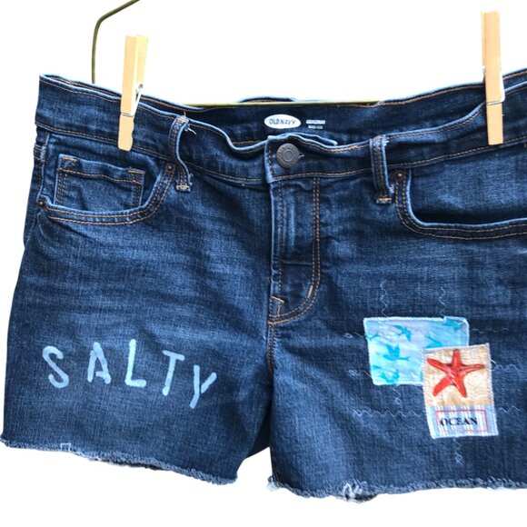Upcycled Old Navy Cutoff Jean Shorts, Patchwork Painted Ocean, Size 8 Junior - Picture 1 of 10